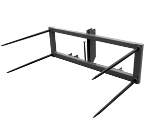 Four bolt-in spears (usable length 42”), square frame design allowing transport of two 5-ft or 6-ft diameter round bales at once. Rated at 6,000 lbs. Overall unit width 76”. Fits Cat. II/III Quick Hitches. - 3-Point Bale Spear